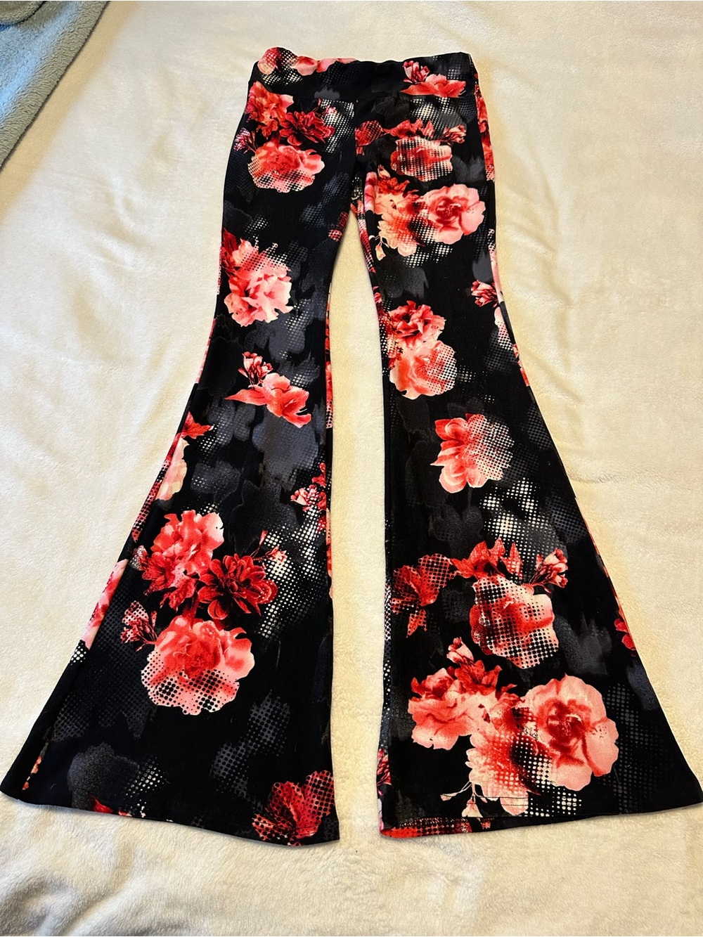 No Boundaries Black Flared Pants with Red Floral Print